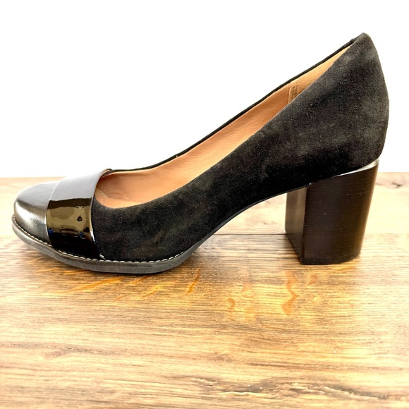 NWOB Clarks Artisan Women's Tarah Patent Suede Leather Black Pumps Chunky Heel 8 - Picture 6 of 9
